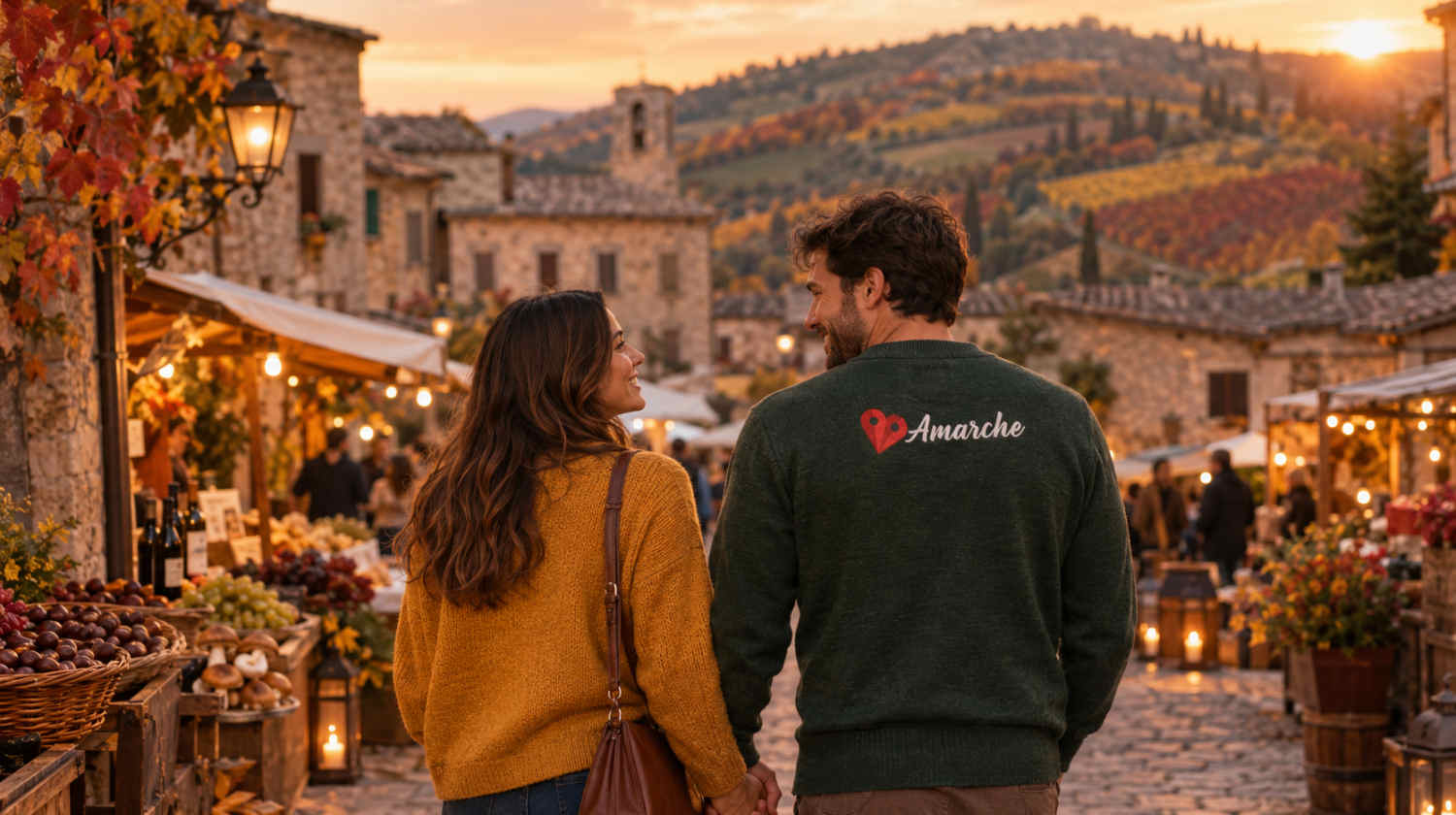 Eventi nelle Marche dal 28 settembre al 4 ottobre 2026: coppia a una festa d'autunno in un borgo marchigiano